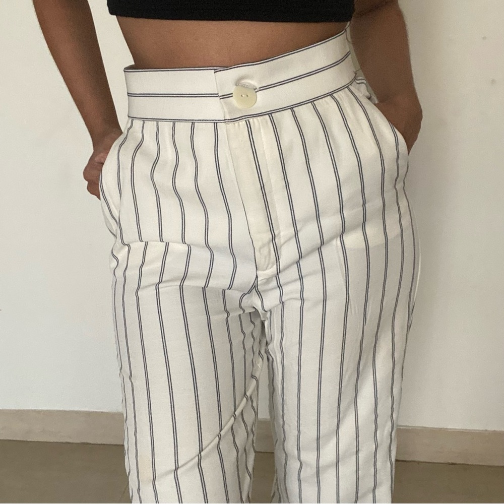 Zara Double striped white trousers with black stripes wide straight leg - Picture 2 of 5